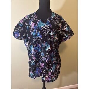 Scrubstar Women's Scrub Top V-Neck w/ Pockets Garden Flowers Size Extra Large